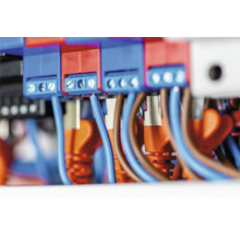 Detailaufnahme einer Elektroinstallation mit Kabeln und Klemmen
