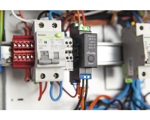 Installation électrique avec fusibles, bornes et Logo Shelly