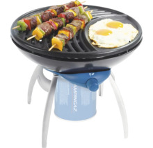 Grill à gaz portable avec brochettes et œufs sur le plat sur le gril