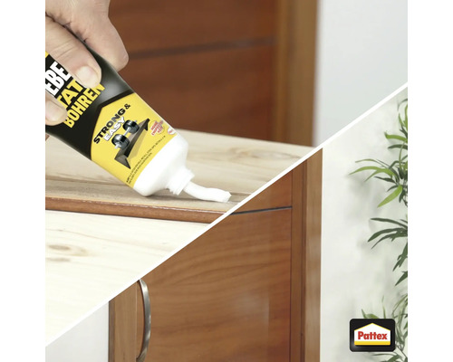 Une personne applique de la colle de montage sur un meuble.