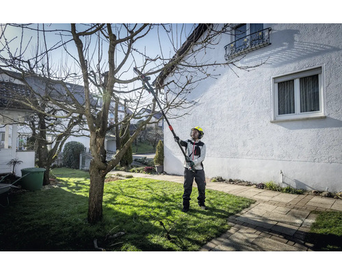 Une personne utilise une tronçonneuse sur perche pour tailler un arbre dans un jardin.