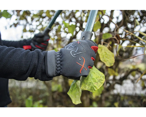 Une personne portant des gants de jardinage taille une haie avec un sécateur.