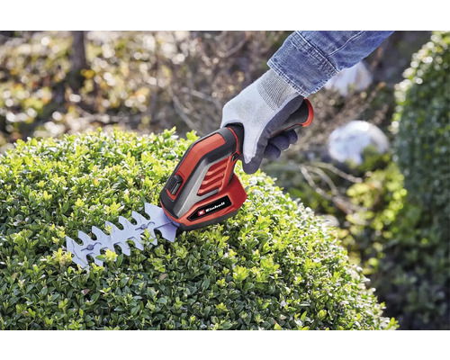 Taille-haies sans fil Einhell en utilisation sur une haie