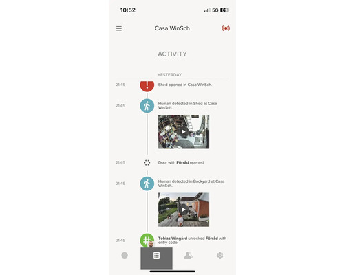 Capture d''écran de smartphone de l''application Casa WinSch avec affichage de l''activité