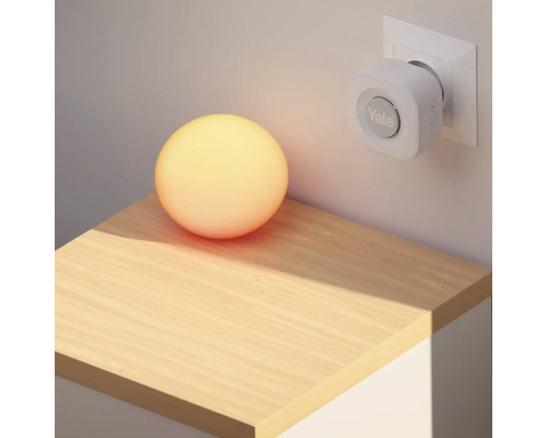 Szene mit einer runden Lampe auf einem Tisch und einem Yale Smart Home Gerät in einer Steckdose