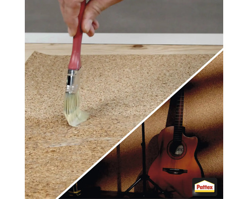 Auf dem Bild ist ein Korkboden zu sehen, auf den mit einem Pinsel Klebstoff aufgetragen wird. Im unteren Teil des Bildes ist eine Gitarre vor einer Korkwand zu sehen. Ausserdem ist das Pattex Logo abgebildet.