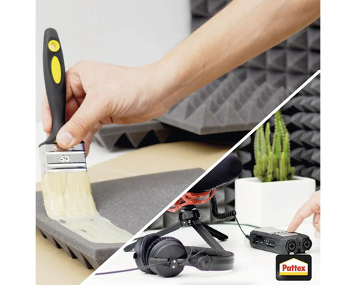 Auftragen von Klebstoff auf eine Akustikschaumstoffplatte mit einem Pinsel und Aufnahmeequipment