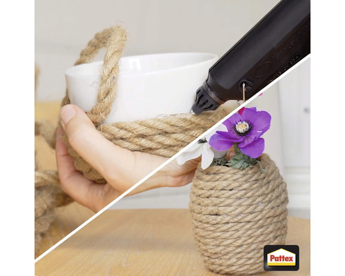 "Dekoration eines Blumentopfs mit Seil und Heissklebepistole
