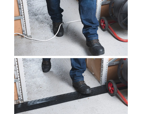 Vorher-Nachher-Ansicht einer Kabelbrücke zum Schutz von Kabeln und zur Vermeidung von Stolperfallen.