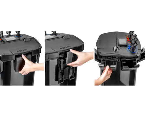 Trois vues d''un filtre externe Aquael avec masses filtrantes et fermetures