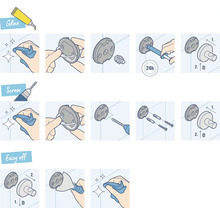 Instructions pour la fixation d''un crochet mural avec de la colle, des vis et pour un retrait facile