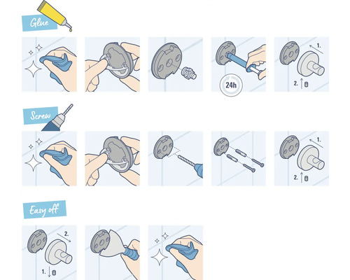 Instructions pour la fixation d''un crochet mural avec de la colle, des vis et pour un retrait facile