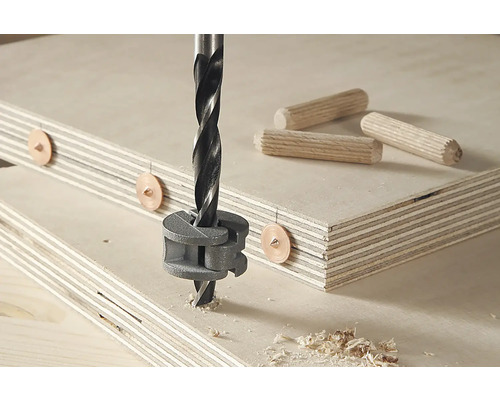 Dübelbohrer im Einsatz mit Dübeln und Holzplatten