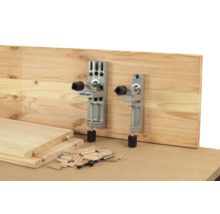 Zwei Dübelleisten mit Holz, Dübeln und Bohrer