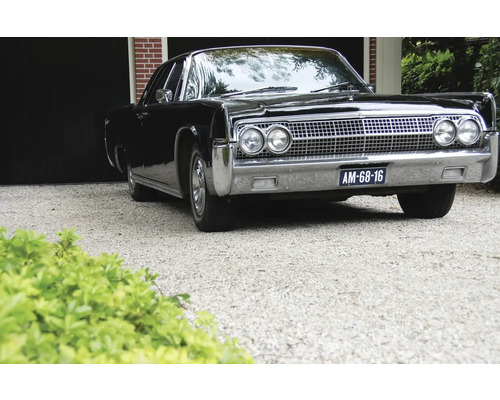 Schwarzer Oldtimer geparkt vor einer Garage