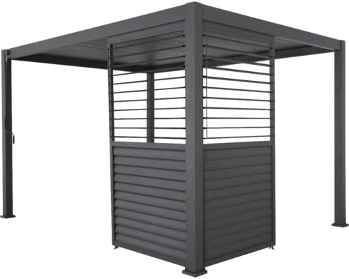 Pergola autoportante en aluminium gris avec toit à lamelles et éléments de paroi latérale