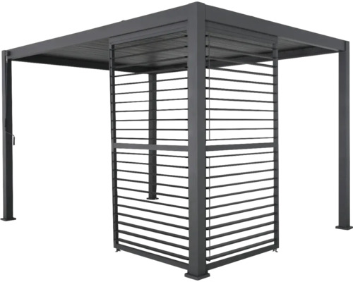 Pergola métallique autoportante avec toit à lamelles et pare-vue latéral