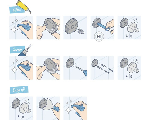 Instructions pour la fixation d''un accessoire de salle de bains avec de la colle, des vis ou pour un retrait facile