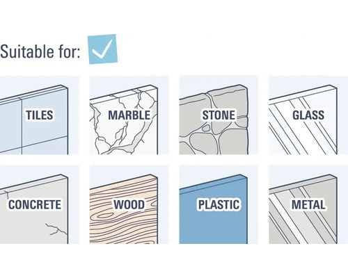 Convient pour: carrelage, marbre, pierre, verre, béton, bois, plastique et métal