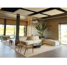 Heller Wohnraum mit Sofa, Stühlen, Teppich und Beleuchtung