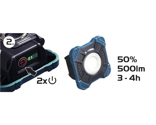 Akkubetriebene Arbeitsleuchte mit Batteriestandsanzeige, Ein-Ausschalter, 500 Lumen Lichtstrom und einer Leuchtdauer von 3 bis 4 Stunden bei 50 Prozent Helligkeit.