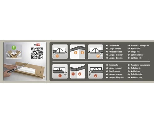 Instructions pour couper les moulures d''ornement avec une boîte à onglets pour les angles intérieurs et extérieurs