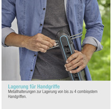 Aufbewahrung für Gartengeräte mit Metallhalterungen für bis zu vier combisystem Stiele.