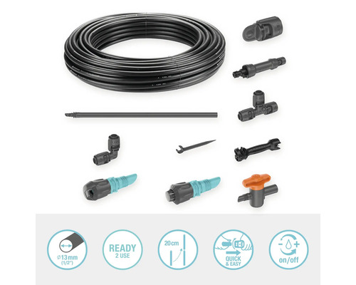 Système Gardena Micro-Drip avec tuyau goutte à goutte, bouchon de régulation, bouchon d''arrêt, connecteur, té, coude, aiguille de nettoyage et outil