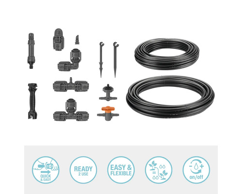 Kit d''irrigation de jardin avec tuyaux d''arrosage, raccords, vannes de régulation et aide au montage