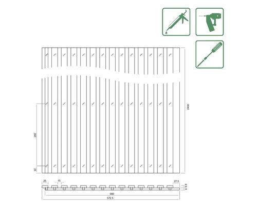 Schéma technique d''un brise-vue avec cotes et symboles d''outils