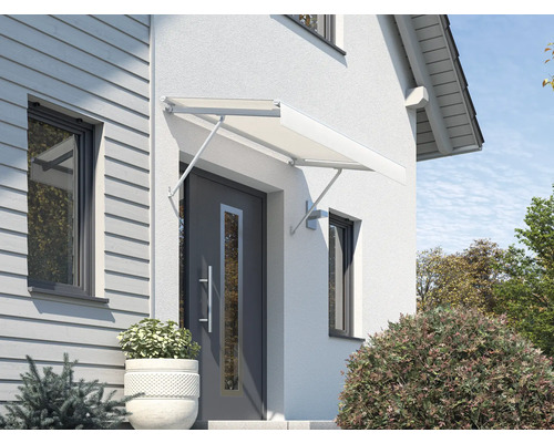 Auvent SCALA châssis RAL 9010 blanc pur 120x90 cm tissu dessin 0001 Porte d''entrée avec auvent pour protection contre les intempéries