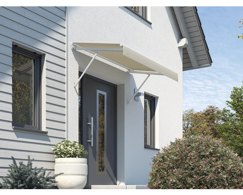 Auvent SCALA châssis RAL 9010 blanc pur 120x90 cm tissu dessin 0681 Auvent en tissu à l''entrée de la maison comme protection contre les intempéries