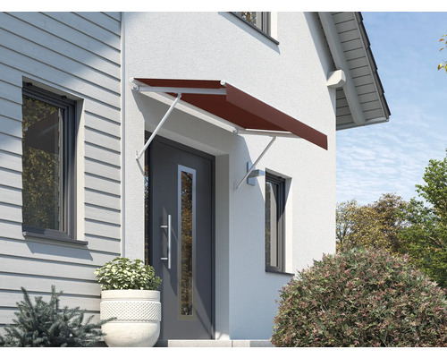 Auvent SCALA châssis RAL 9010 blanc pur 120x90 cm tissu dessin 3914 Auvent de maison avec cadre en acier au-dessus d''une porte d''entrée