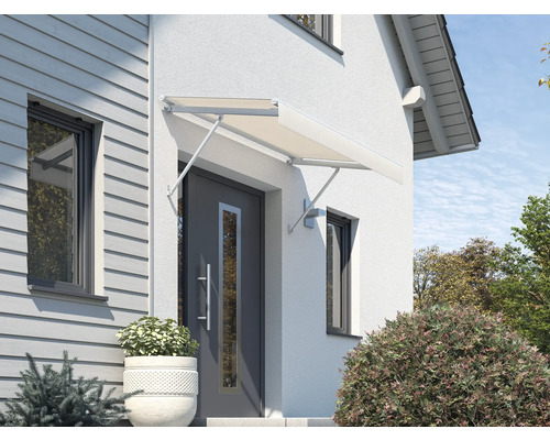 Auvent SCALA châssis RAL 9010 blanc pur 120x90 cm tissu dessin 7133 Auvent de porte d''entrée en aluminium et verre acrylique monté sur une maison d''habitation