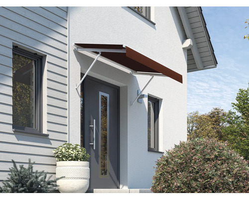Auvent SCALA châssis RAL 9010 blanc pur 120x90 cm tissu dessin 8206 Auvent de porte d''entrée avec revêtement marron pour la protection contre les intempéries