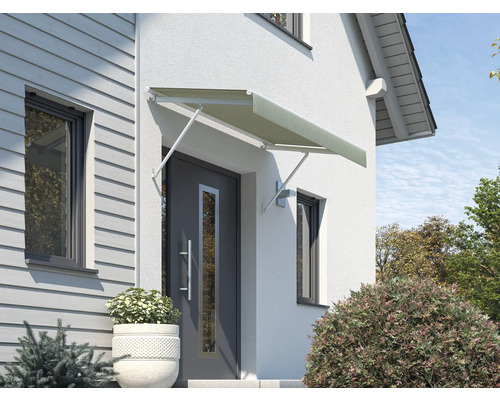 Auvent SCALA châssis RAL 9010 blanc pur 120x90 cm tissu dessin U793 Auvent de porte d''entrée en tissu avec support sur une maison d''habitation