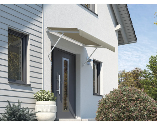 Auvent SCALA châssis RAL 9010 blanc pur 120x90 cm tissu dessin U811 Façade de maison avec un auvent de porte comme protection contre les intempéries