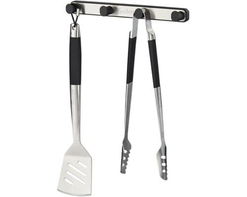 Grillbesteck-Set mit Wender und Zange an einer Halterung