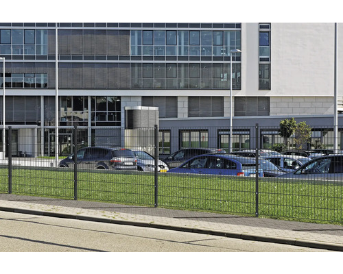Clôture à double fil devant un immeuble de bureaux avec des voitures garées