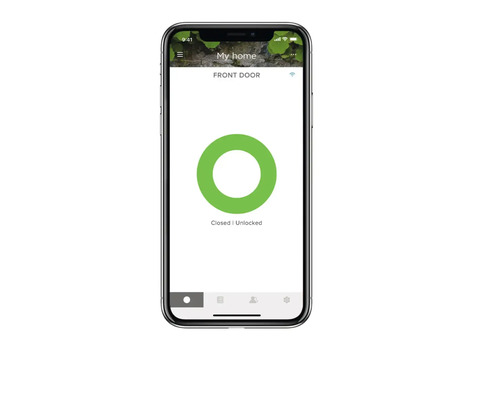Écran de smartphone indiquant que la porte d''entrée est fermée et non verrouillée.