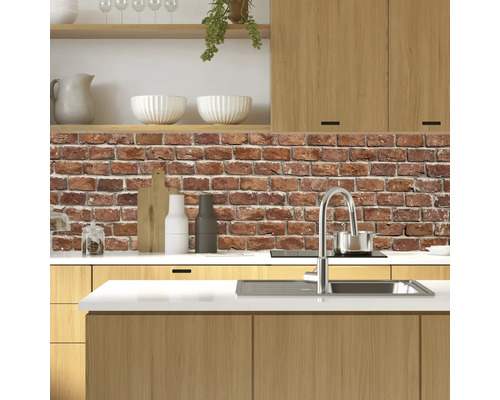 Scène de cuisine avec éléments en bois, évier, robinetterie et mur en briques