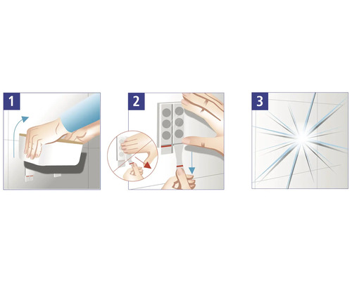 Illustration du montage d''une étagère de salle de bain avec des bandes adhésives