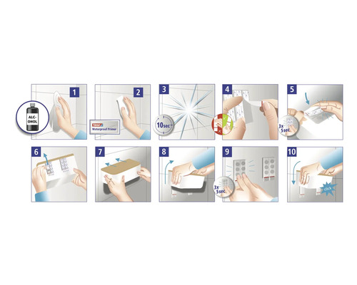 Instructions pour fixer une étagère avec des bandes adhésives sur du carrelage
