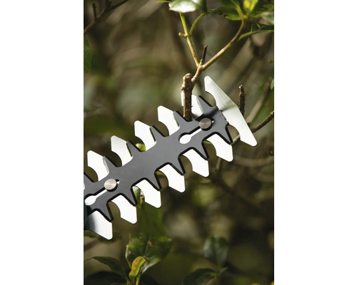 Nahaufnahme einer Heckenschere beim Schneiden von Ästen