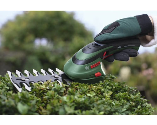 Bosch Logo. Eine Hand mit Gartenhandschuh hält eine Akku-Grasschere über einen Strauch.