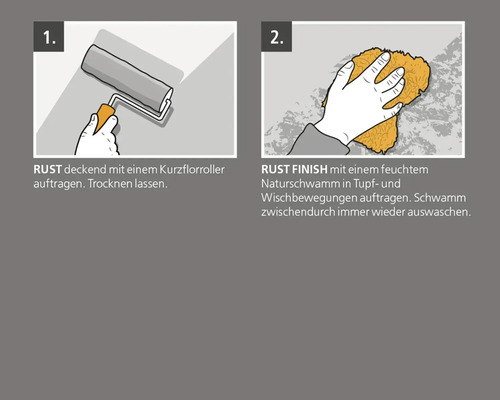 Illustration: Auftragen von Rosteffektfarbe mit Farbroller und Naturschwamm