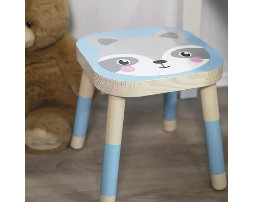 Kinderhocker aus Holz mit Waschbärdesign