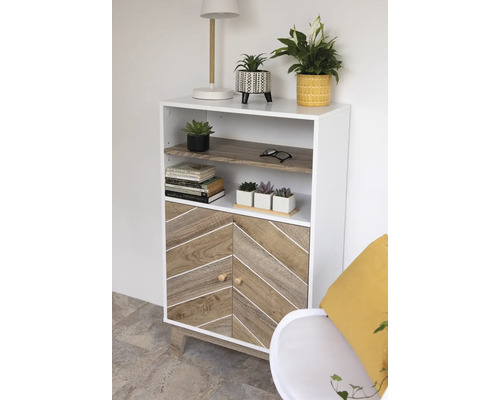 Étagère avec deux portes, deux compartiments ouverts et des plantes en décoration