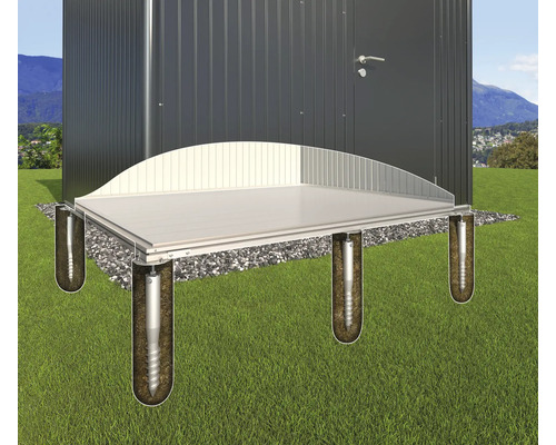 Illustration eines Gartenhauses mit Schraubfundamenten zur sicheren Verankerung im Boden