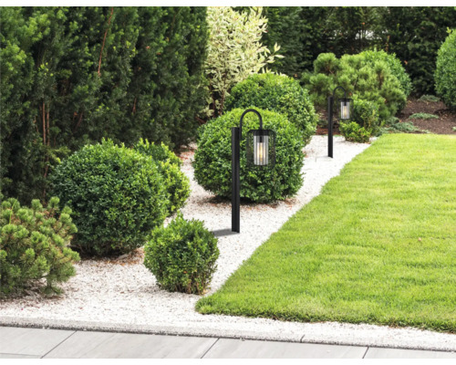 Jardin avec pelouse, allée de gravier et éclairage extérieur décoratif